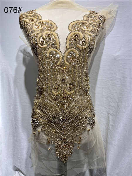 RHS-BOD-076-GOLD. Gold Crystal Rhinestone Bodice on Tulle - 29" x 15"