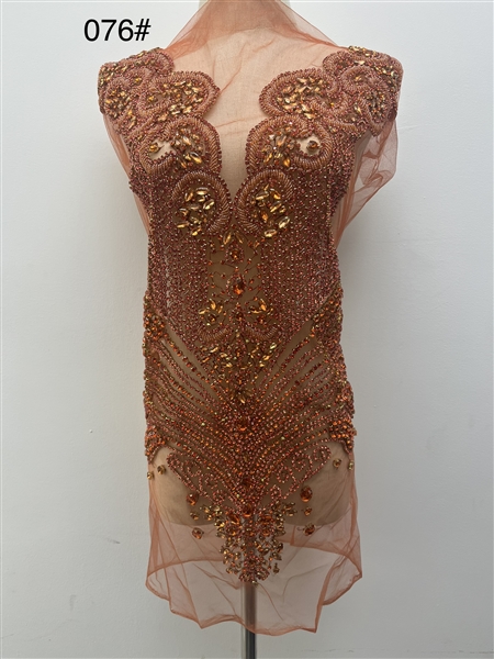 RHS-BOD-076-ORANGE. Orange Crystal Rhinestone Bodice on Tulle - 29" x 15"