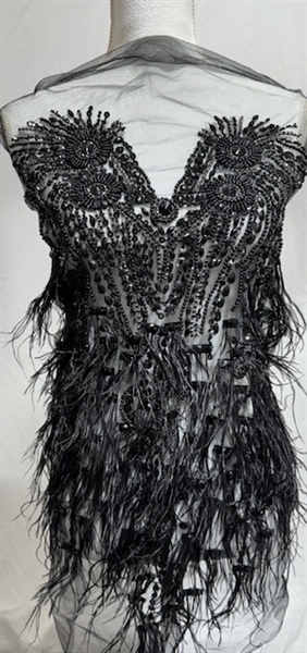 RHS-BOD-080-BLACK. Black Crystal Rhinestone Bodice with Black Beads and Black Feathers on a Shear Black Tulle- 15" x 27"