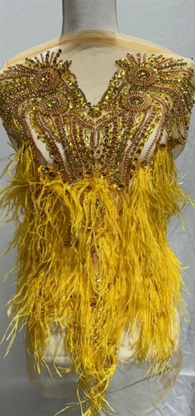 RHS-BOD-080-YELLOW. Yellow Crystal Rhinestone Bodice with Yellow Beads and Yellow Feathers on a Shear Yellow Tulle- 15" x 27"