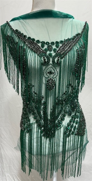 RHS-BOD-081-EMERALD. Emerald Crystal Rhinestone Bodice with Emerald Beads and Emerald Fringes on a Shear Green Tulle- 19" x 30"