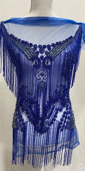 RHS-BOD-081-SAPPHIRE. Sapphire Crystal Rhinestone Bodice with Sapphire Beads and Sapphire Fringes on a Shear Royal Blue Tulle - 19" x 30"