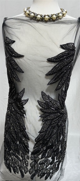 RHS-BOD-082-BLACK. Black Crystal Rhinestone Bodice with Black Beads on a Shear Black Tulle- 17" x 27". Additional tulle extends from all sides.
