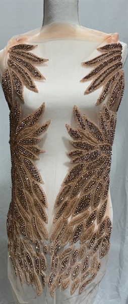 RHS-BOD-082-ROSEGOLD. Rose Gold Crystal Rhinestone Bodice with Rose Gold Beads on a Shear Rose Gold Tulle- 17" x 27"