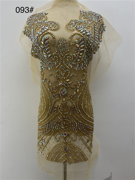 RHS-BOD-093-ABGOLD. AB Gold Crystal Rhinestone Bodice on Tulle - 29" x 18"