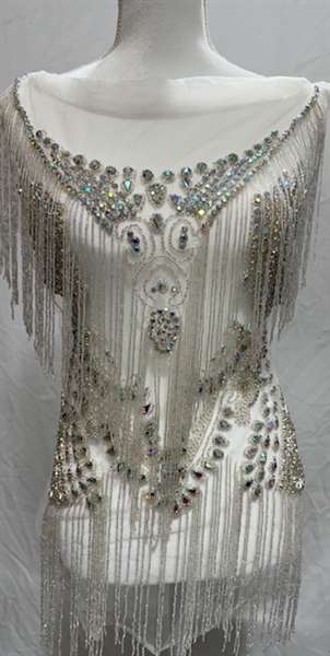 RHS-BOD-W081-ABSILVER. AB Crystal Rhinestone Bodice with Silver Beads and Silver Fringes on a Shear White Tulle- 19" x 30"