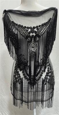 RHS-BOD-W081-BLACK. Black Crystal Rhinestone Bodice with Black Beads and Black Fringes on a Shear Black Tulle- 19" x 30"