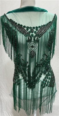RHS-BOD-W081-EMERALD. Emerald Crystal Rhinestone Bodice with Emerald Beads and Emerald Fringes on a Shear Green Tulle- 19" x 30"