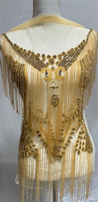 RHS-BOD-W081-TOPAZGOLD. Topaz Crystal Rhinestone Bodice with Gold Beads and Gold Fringes on a Shear Gold Tulle- 19" x 30"