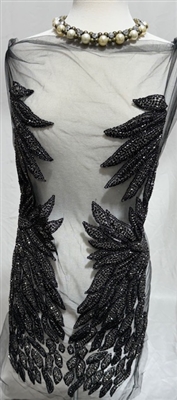 RHS-BOD-W082-BLACK. Black Crystal Rhinestone Bodice with Black Beads on a Shear Black Tulle- 17" x 27". Additional tulle extends from all sides.