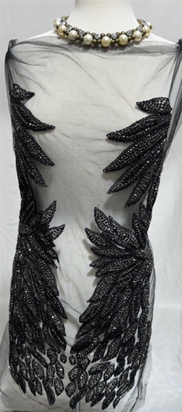RHS-BOD-W082-BLACK. Black Crystal Rhinestone Bodice with Black Beads on a Shear Black Tulle- 17" x 27". Additional tulle extends from all sides.