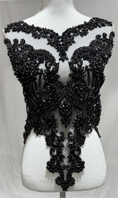 RHS-BOD-WA069-BLACK. Black Crystal Rhinestone Bodice with Black Beads And Black Embroidery on a Shear Black Tulle- 24" x 16".