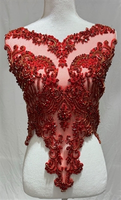 RHS-BOD-WA069-RED. Red Crystal Rhinestone Bodice with Red Beads And Red Embroidery on a Shear Red Tulle- 24" x 16".