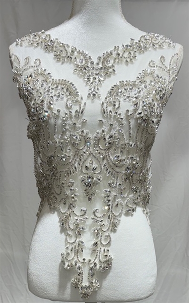 RHS-BOD-WA069-SILVER. Clear Crystal Rhinestone Bodice with Silver Beads And White Embroidery on a Shear White Tulle- 24" x 16".
