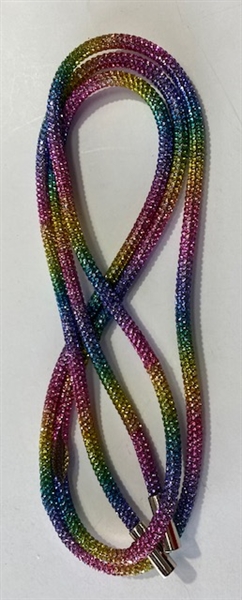 RHS-HOODSTRING-RAINBOW.  Crystal Rope Hoodie Drawstring - Bling Shiny Round Cord with Metal Ends.  56â€ Long.  In Many Magnificent Colors.  Color: Rainbow