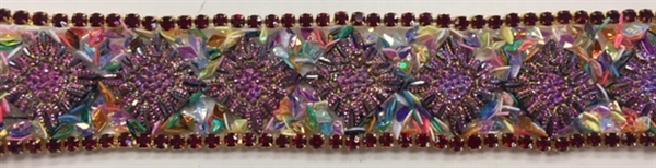 RHS-TRM-001-ABFUCHSIA. HotFix Trim with Beads and AB Rhinestones- Fuchsia - 3/4" Wide - Per Yard: $7.00