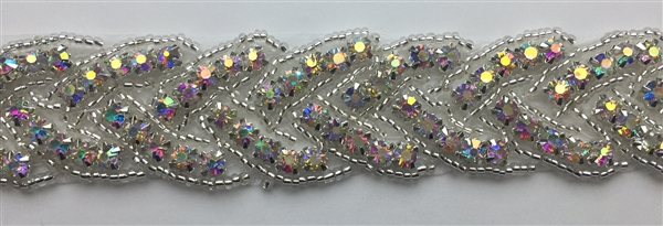 RHS-TRM-1150-AB.  AB CRYSTAL RHINESTONE TRIM - SILVER BEADS - 1 INCH WIDE RHS-TRM-1150-AB.  AB diamante de imitacion de cristal - cuentas color plata - 1 INCH