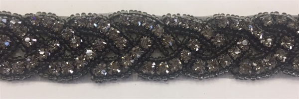 RHS-TRM-1150-BLACKBLACK. BLACK CRYSTAL RHINESTONE TRIM WITH BLACK BEADS - 1 INCH WIDE RHS-TRM-1150-AB.  AB diamante de imitacion de cristal - cuentas color negro - 1 pulgada de largo
