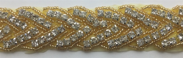 RHS-TRM-1150-GOLD.  HOT-FIX CLEAR CRYSTAL RHINESTONE TRIM - WITH GOLD BEADS - 1 INCH WIDE RHS-TRM-1150-AB.  AB diamante de imitacion de cristal - cuentas color negro - 1 pulgada de largo