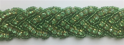 RHS-TRM-1150-GREEN.  HOT-FIX GREEN CRYSTAL RHINESTONE TRIM - WITH GREEN BEADS - 1 INCH WIDE RHS-TRM-1150-AB.  AB diamante de imitacion de cristal - cuentas color verde - 1 pulgada de largo