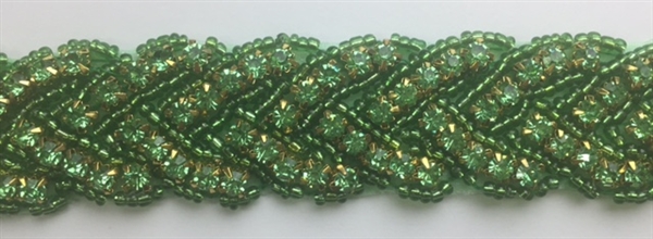RHS-TRM-1150-GREEN.  HOT-FIX GREEN CRYSTAL RHINESTONE TRIM - WITH GREEN BEADS - 1 INCH WIDE RHS-TRM-1150-AB.  AB diamante de imitacion de cristal - cuentas color verde - 1 pulgada de largo