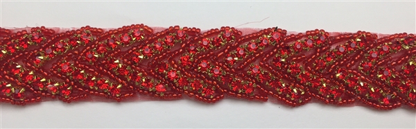 RHS-TRM-1150-RED.  RED CRYSTAL RHINESTONE TRIM - RED BEADS - 1 INCH WIDE RHS-TRM-1150-AB.  AB diamante de imitacion de cristal - cuentas color rojo - 1 pulgada de largo
