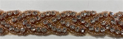 RHS-TRM-1150-ROSEGOLD.  HOT-FIX CLEAR CRYSTAL RHINESTONE TRIM - WITH ROSE-GOLD BEADS - 1 INCH WIDE