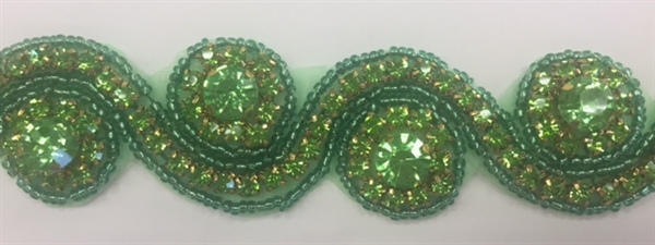 RHS-TRM-1152-APPLEGREEN.  APPLE-GREEN CRYSTAL RHINESTONE TRIM - APPLE GREEN BEADS - 1.5 INCH WIDE