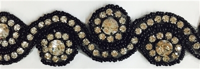 RHS-TRM-1152-BLACK.  HOT-FIX CLEAR CRYSTAL RHINESTONE TRIM WITH BLACK BEADS - 1.5 INCH WIDE