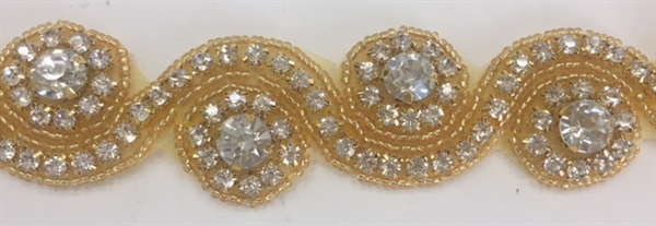 RHS-TRM-1152-GOLD.  CRYSTAL RHINESTONE TRIM - 1.5 INCH WIDE