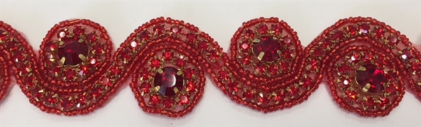 RHS-TRM-1152-RED.  RED CRYSTAL RHINESTONE TRIM - RED BEADS - 1.5 INCH WIDE