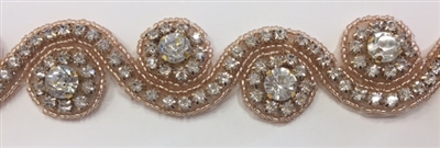 RHS-TRM-1152-GOLD. HOT FIX IRON-ON CLEAR CRYSTAL RHINESTONE TRIM WITH ROSE GOLD BEADS - 1.5 INCH WIDE