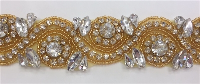 RHS-TRM-1152A-GOLD. Clear Crystal Rhinestone Trim with Gold Beads - 1.5 Inch Wide