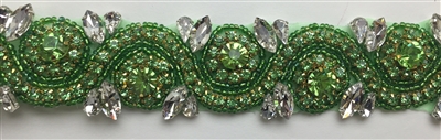 RHS-TRM-1152A-GREEN.  GREEN AND CRYSTAL RHINESTONE TRIM - WITH GREEN BEADS- 1.5 INCH WIDE
