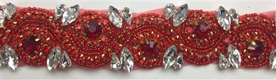 RHS-TRM-1152A-RED. RED AND CRYSTAL RHINESTONE TRIM - WITH RED BEADS- 1.5 INCH WIDE