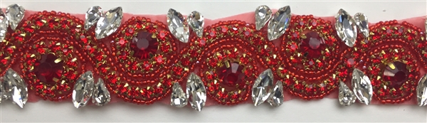 RHS-TRM-1152A-RED. RED AND CRYSTAL RHINESTONE TRIM - WITH RED BEADS- 1.5 INCH WIDE