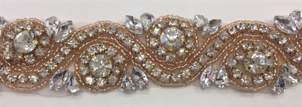 RHS-TRM-1152A-ROSEGOLD. Clear Crystal Rhinestone Trim with Rose Gold Beads - 1.5 Inch Wide