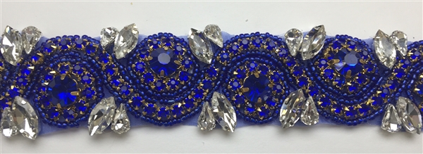 RHS-TRM-1152A-ROYALBLUE.  ROYALBLUE AND CRYSTAL RHINESTONE TRIM - WITH ROYALBLUE BEADS- 1.5 INCH WIDE
