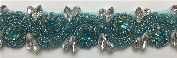 RHS-TRM-1152A-TURQUOISE.  TURQUOISE AND CRYSTAL RHINESTONE TRIM - WITH TURQUOISE BEADS- 1.5 INCH WIDE