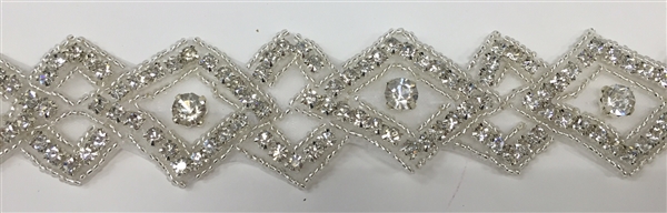 RHS-TRM-1158-SILVER.  CRYSTAL RHINESTONE TRIM - SILVER - WIDTH=1.5 INCHES.  REPEAT LENGTH = 2 INCHES.