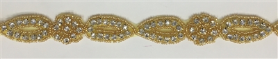 RHS-TRM-1191-GOLD.  CRYSTAL RHINESTONE TRIM WITH GOLD BEADS - 1 INCH WIDE - REPEAT LENGTH 4 INCHES