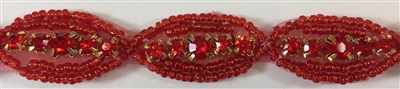 RHS-TRM-1268-RED.  RED CRYSTAL RHINESTONE TRIM WITH RED BEADS - 5/8 INCHES WIDE