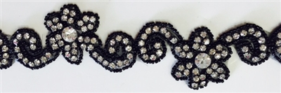 RHS-TRM-1298-BLACK.  CRYSTAL RHINESTONE TRIM WITH BLACK BEADS- 1.75 INCHES WIDE - REPEAT LENGTH 6 INCHES