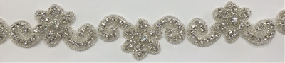 RHS-TRM-1298-SILVER.  CRYSTAL RHINESTONE TRIM - 1.75 INCHES WIDE - REPEAT LENGTH 6 INCHES
