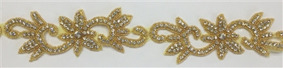 RHS-TRM-1332-GOLD.  CRYSTAL RHINESTONE TRIM WITH GOLD BEADS - 2 INCH WIDE - REPEAT LENGTH 6.5 INCHES