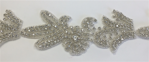 RHS-TRM-1338-SILVER.  CRYSTAL RHINESTONE TRIM - 3 INCHES WIDE - REPEAT LENGTH 7 INCHES