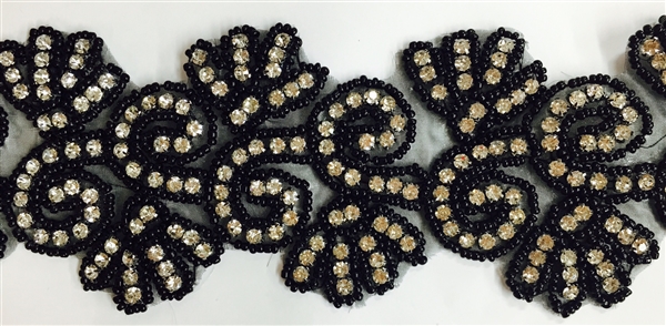 RHS-TRM-1341-BLACK.  HOT-FIX CLEAR CRYSTAL RHINESTONE TRIM WITH BLACK BEADS - 3 INCHES WIDE