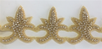 RHS-TRM-1344-GOLD.  CRYSTAL RHINESTONE TRIM - 3 INCHES WIDE - REPEAT LENGTH 2.5 INCHES