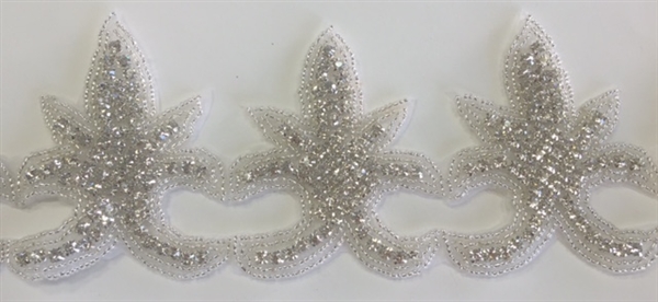 RHS-TRM-1344-SILVER.  CRYSTAL RHINESTONE TRIM - 3 INCHES WIDE - REPEAT LENGTH 2.5 INCHES