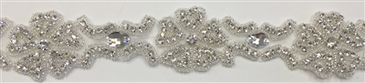RHS-TRM-1395-SILVER.  CRYSTAL RHINESTONE TRIM - 2 INCHES WIDE - REPEAT LENGTH 4 INCHES